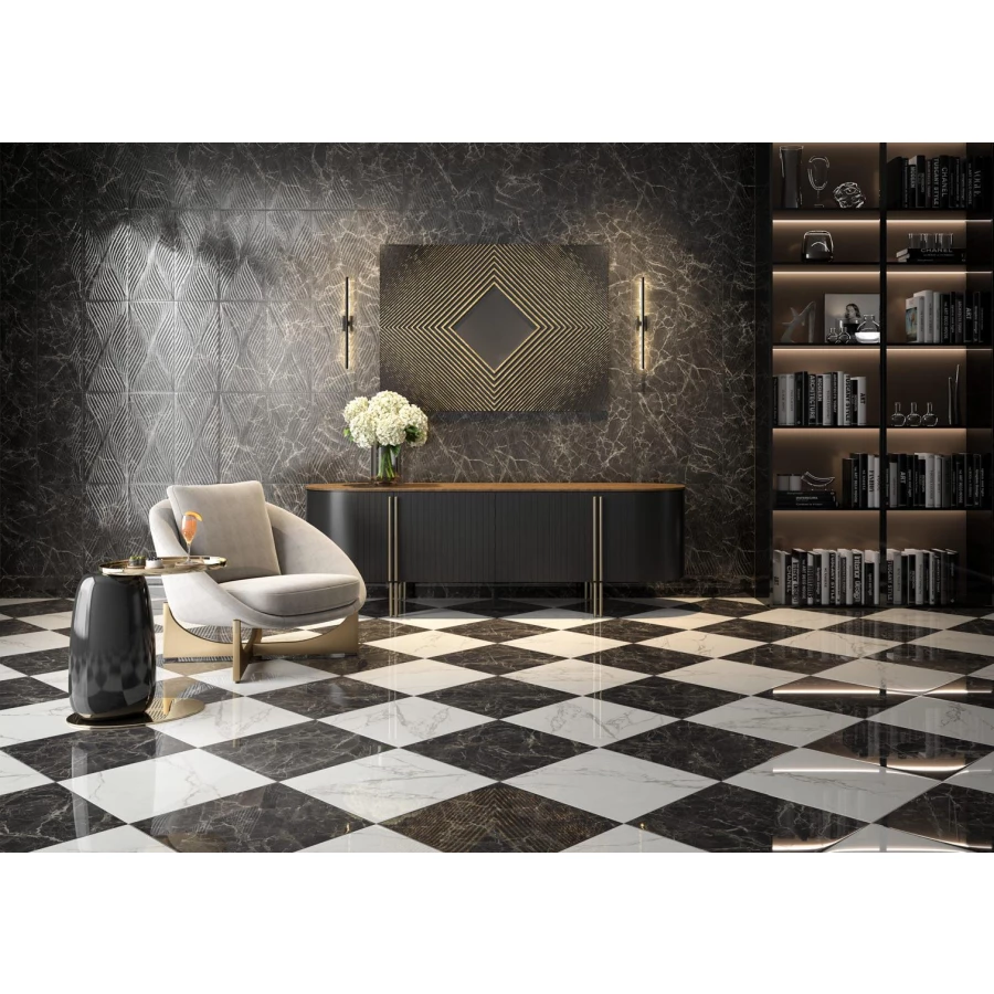 Плитка настенная Kerama Marazzi Коррер структура обрезная глянцевая чёрная 11282R 60x30 см