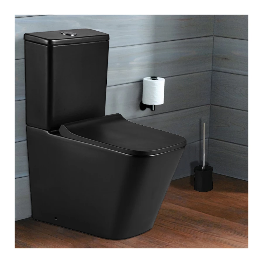 Унитаз-компакт напольный Azario Quadro безободковый с сидением микролифт и арматурой чёрный матовый AZ-2175-MB 60.5x34x81 см