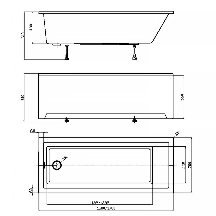 Ванна акриловая Azario Emilia прямоугольная пристенная AV.0011250 150х70 см