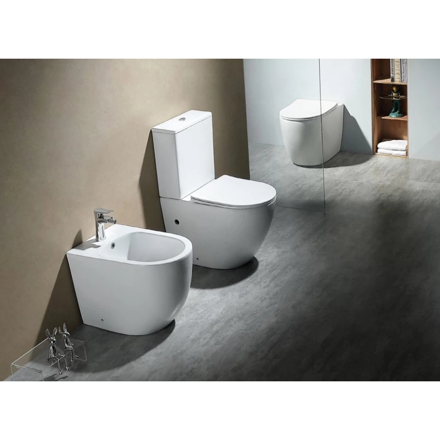 Унитаз без бачка, напольный безободковый Aquatek Европа горизонтальный выпуск тонкое сиденье с механизмом плавного закрывания AQ2903-00 63х39х82,5 см