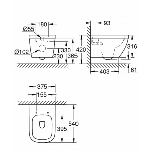 Унитаз подвесной Grohe Euro Ceramic с горизонтальным выпуском, безободковый, без сиденья 39538000
