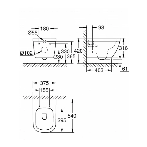Унитаз подвесной Grohe Euro Ceramic с горизонтальным выпуском, безободковый, без сиденья 39538000