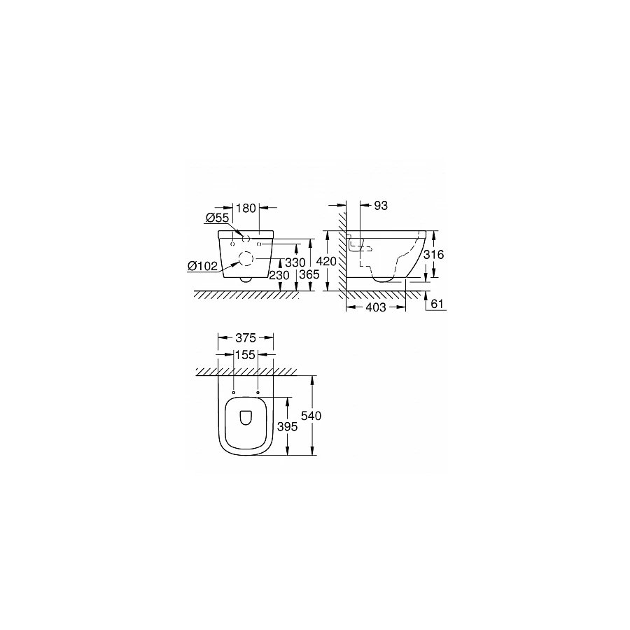 Унитаз подвесной Grohe Euro Ceramic с горизонтальным выпуском, безободковый, без сиденья 39538000