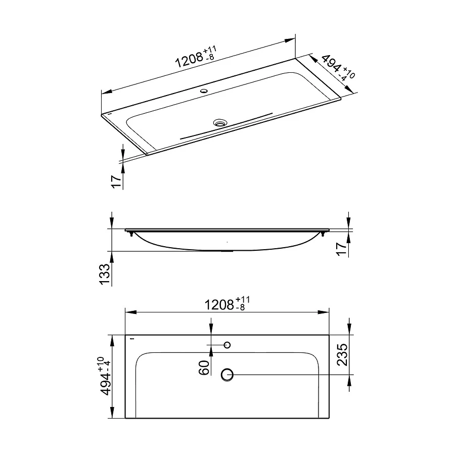 Керамический умывальник Keuco Plan 1 отверстие для смесителя 32980311201 1208x494x17 мм