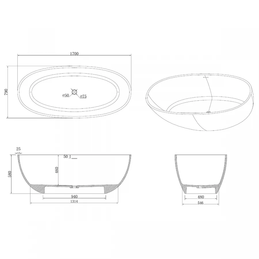 Ванна из искусственного камня Azario Charters свободностоящая белая матовая с белым матовым донным клапаном CHA17079S 170х79х58 см