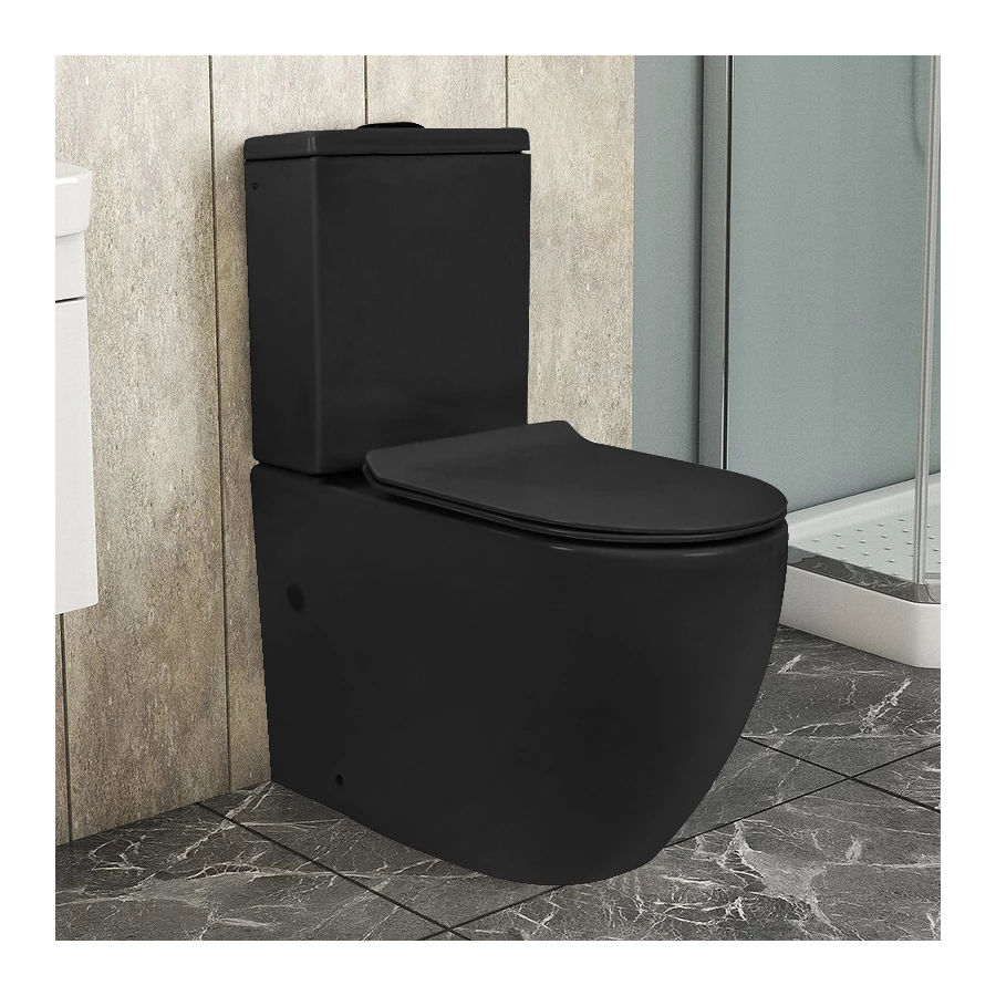 Унитаз-компакт Azario Corsa напольный безободковый в комплекте с быстросъемным сиденьем микролифт черный матовый AZ-2062S-MB 38х63х83 см