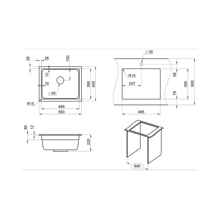 Кухонная мойка Granula Kitchen Space 5501U, АРКТИК 55х45 см