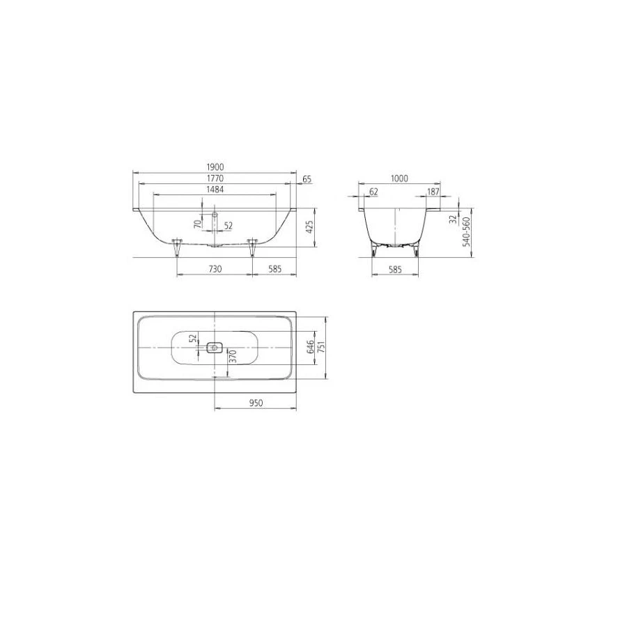 Ванна стальная Kaldewei Asymmetric Duo Easy clean alpine white без ножек 274400013001 190х100 см