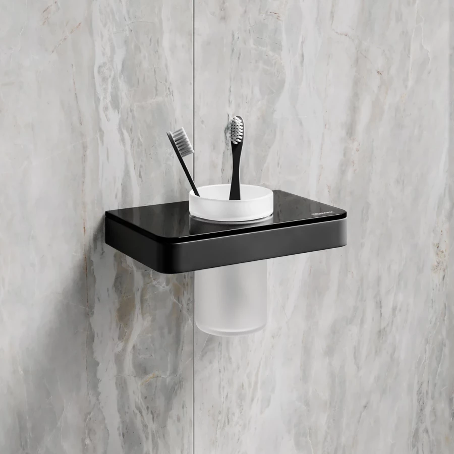 Стакан для зубных щёток Lemark Glass Line с держателем чёрный матовый черное стекло 9732036