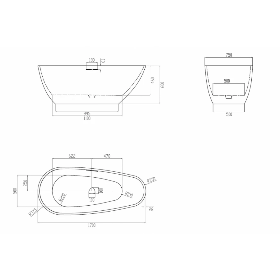 Ванна из искусственного камня Abber Dortmund черно белая матовая AM9911BW 170х75 см