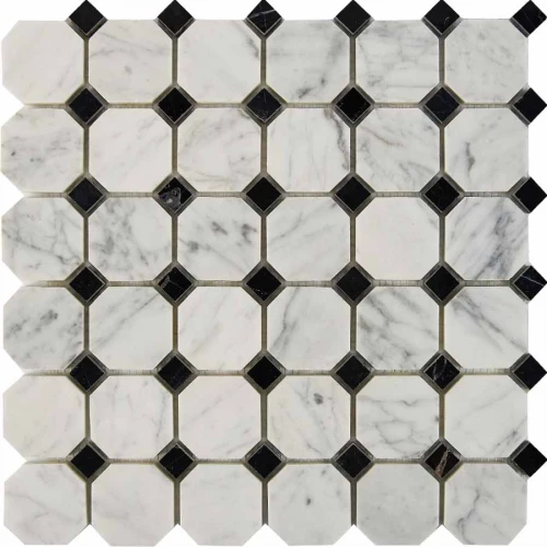 Мозаика Pixel mosaic Мрамор Bianca Carrara Nero Marquina чип 48x48 мм сетка Полированная Pix 209 30,5х30,5 см