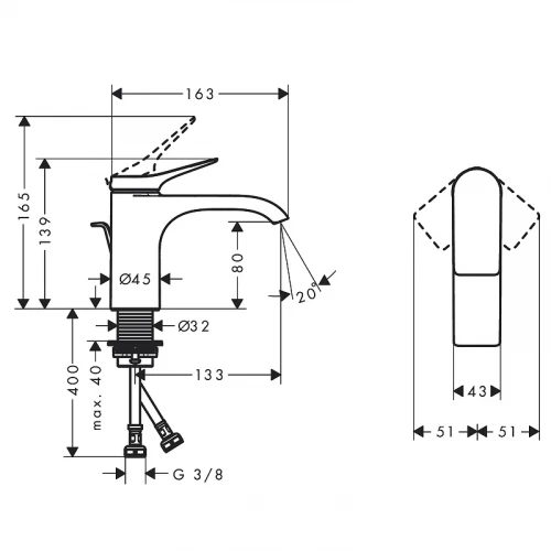 Смеситель для раковины Hansgrohe Vivenis однорычажный 80 со сливным гарнитуром матовый черный 75010670
