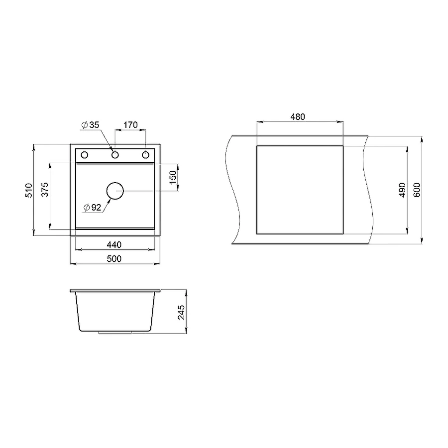 Кухонная мойка Granula Kitchen Space 5002, ШВАРЦ 50х51 см