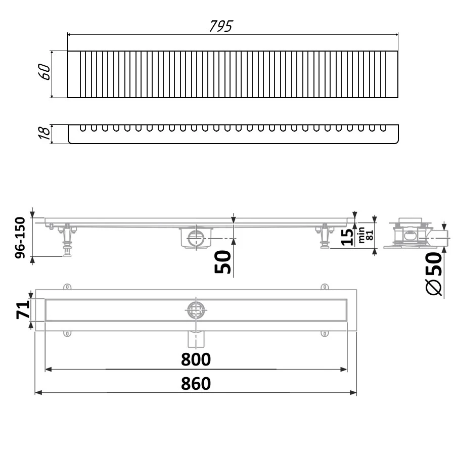 Декоративная решетка Timo для желоба из нержавеющей стали LG20-800