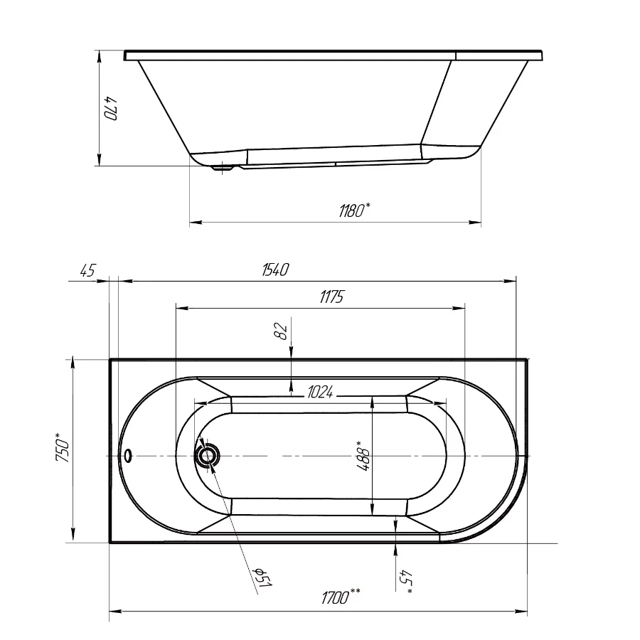 Акриловая ванна Creto Melissa белая 32-17075L 170х75 см