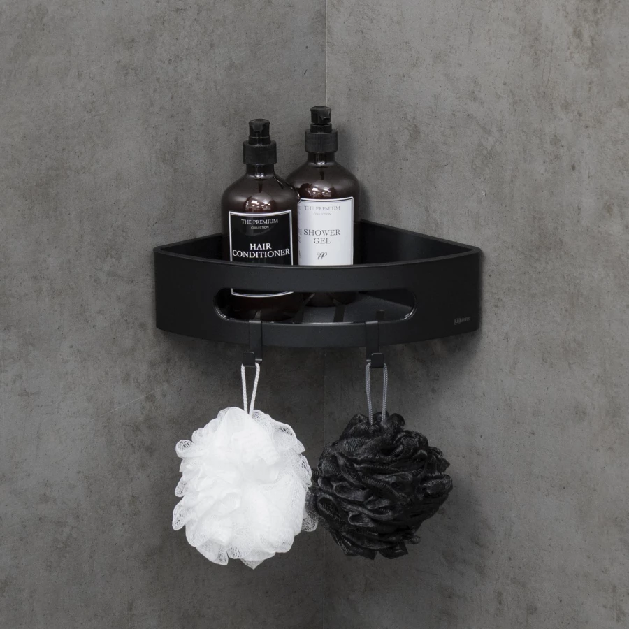 Полка для душа Lemark Shelf Line угловая с крючками черный вставка пластик черный 9772047