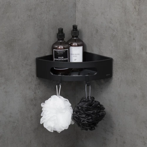 Полка для душа Lemark Shelf Line угловая с крючками черный вставка пластик черный 9772047