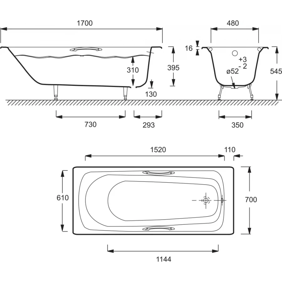 Ванна чугунная Jacob Delafon Melanie с антискользящим покрытием с отверстием для ручек без ножек белая E2925-00 170x70 см