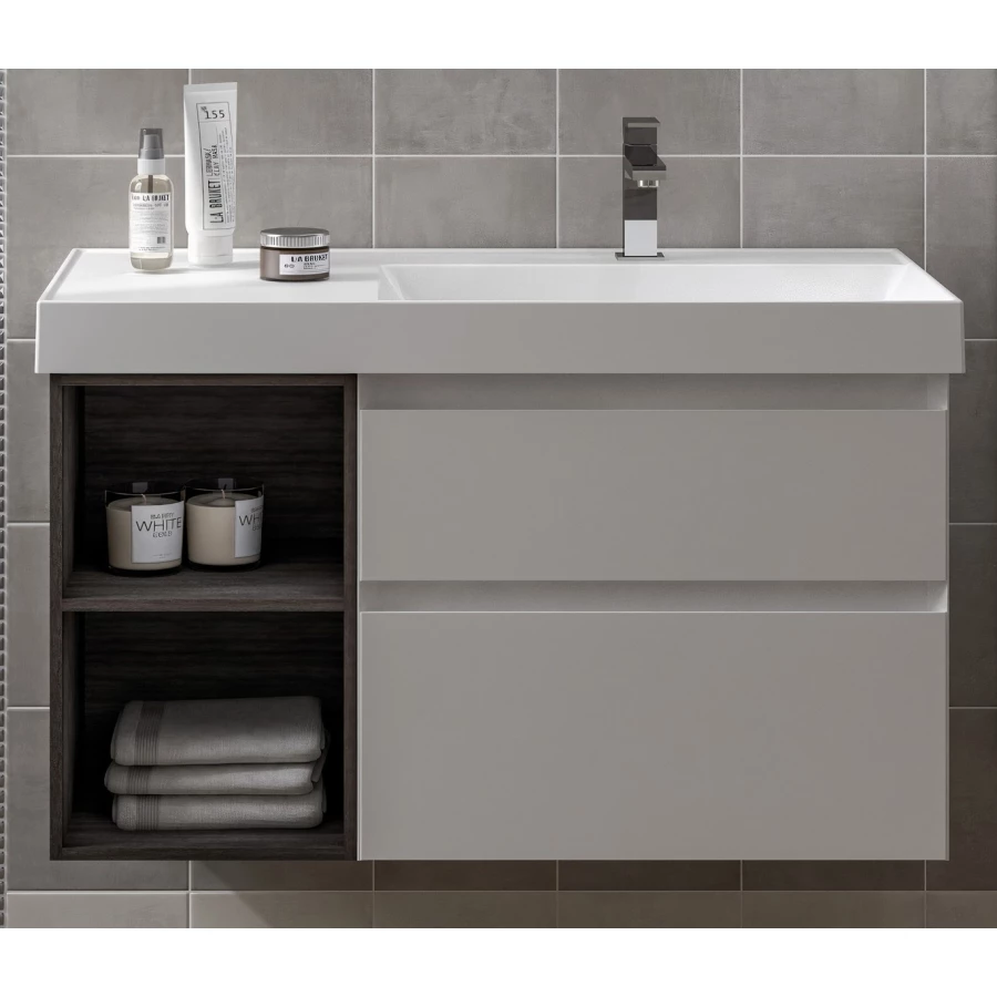 Тумба Kerama Marazzi Cubo правая подвесная с ящиками 90 белая глянцевая-древесная CU.90rh\WHT