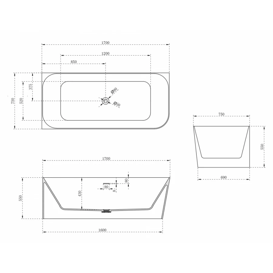 Ванна из искусственного камня Abber Stein белая матовая AS9621-1.7 L 170x75 см
