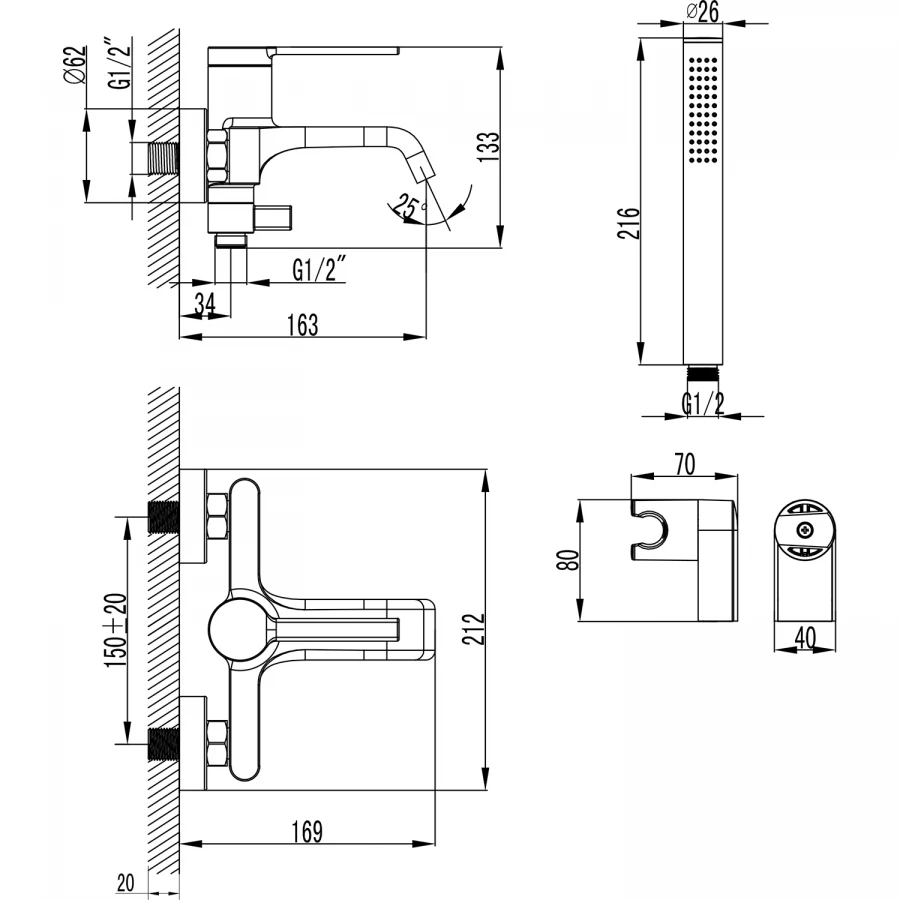 Смеситель для ванны и душа Azario Vincente с ручным душем керамический картридж хром AZ-VRZ238326C