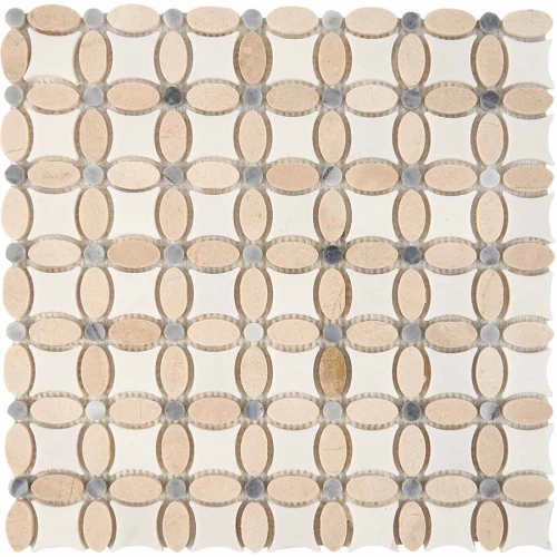 Мозаика Pixel mosaic Мрамор Cream marfil Thassos Athens grey чип 32x32 мм сетка Полированная Pix281 33,6х33,6 см