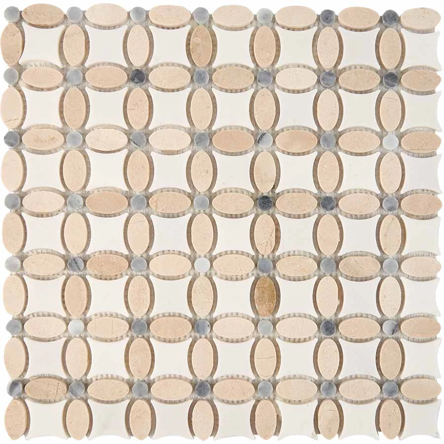Мозаика Pixel mosaic Мрамор Cream marfil Thassos Athens grey чип 32x32 мм сетка Полированная Pix281 33,6х33,6 см