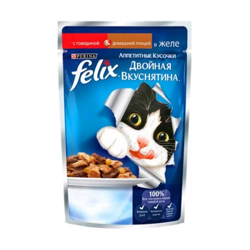 Влажный корм для кошек Felix Аппетитные кусочки Двойная вкуснятина говядина и домашняя птица 85 г
