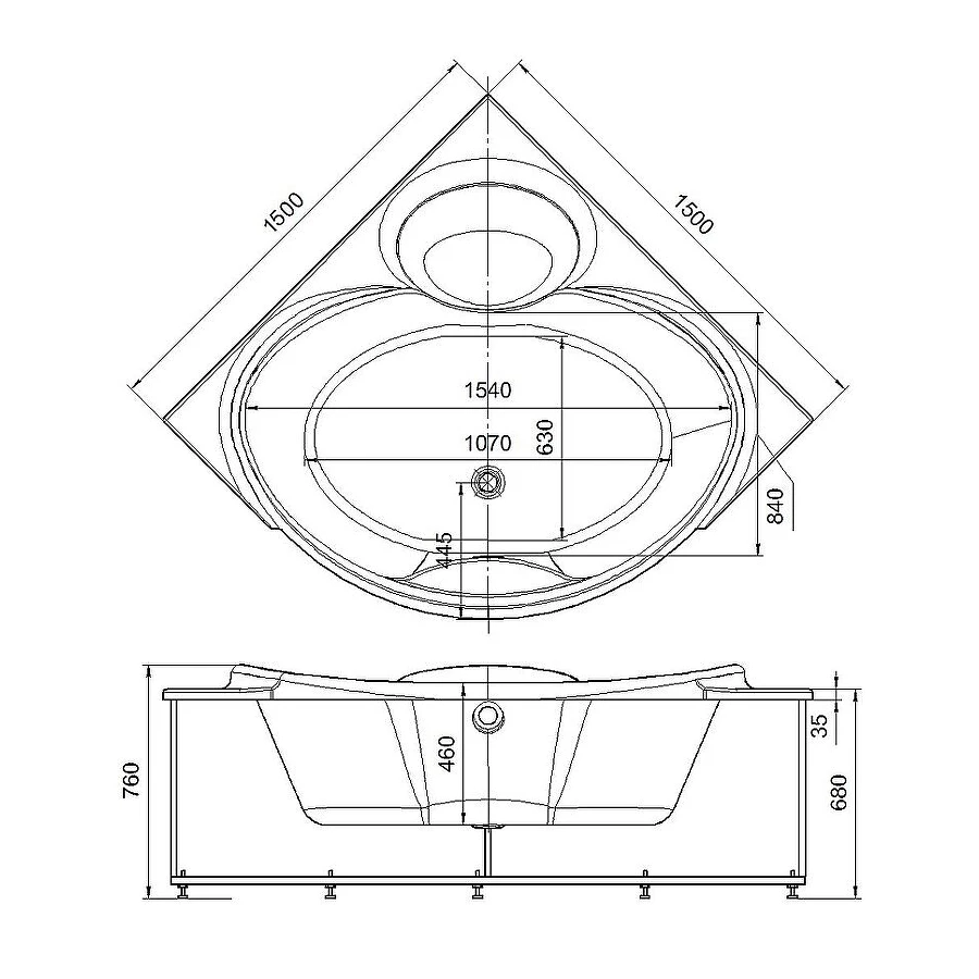 Акриловая ванна Aquatek Эпсилон с фронтальным экраном вклеенный каркас EPS150-0000066 150х150 см