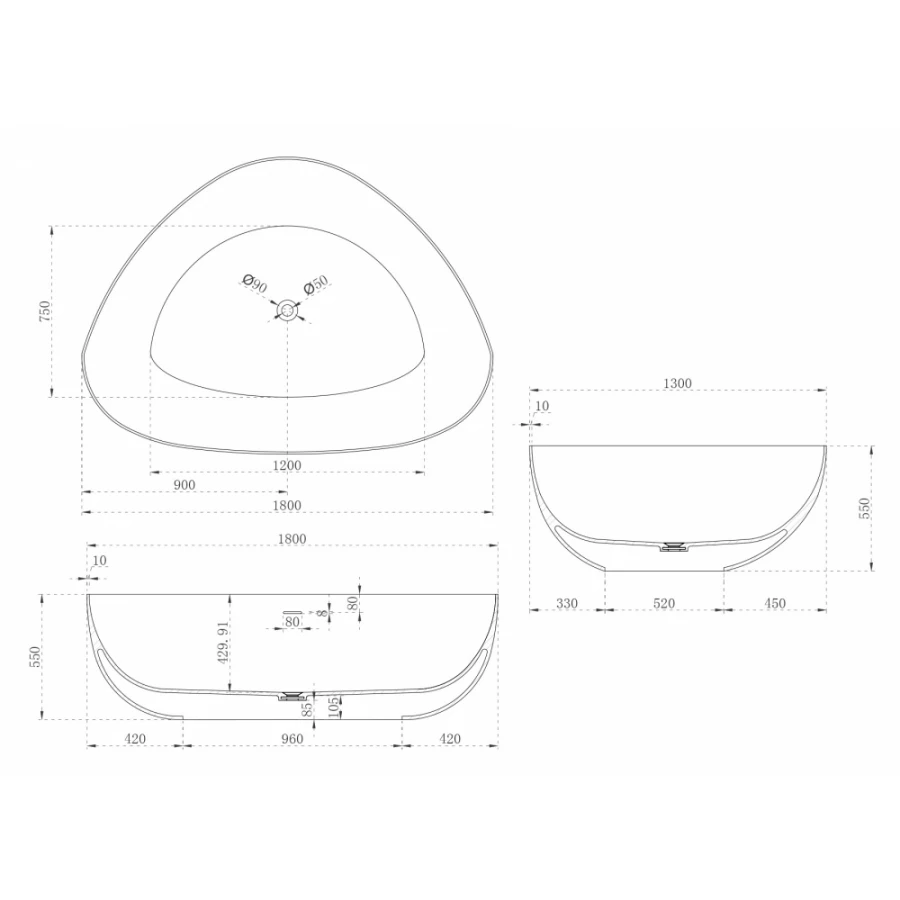 Ванна из искусственного камня Abber Stein белая матовая AS9608 180x130 см