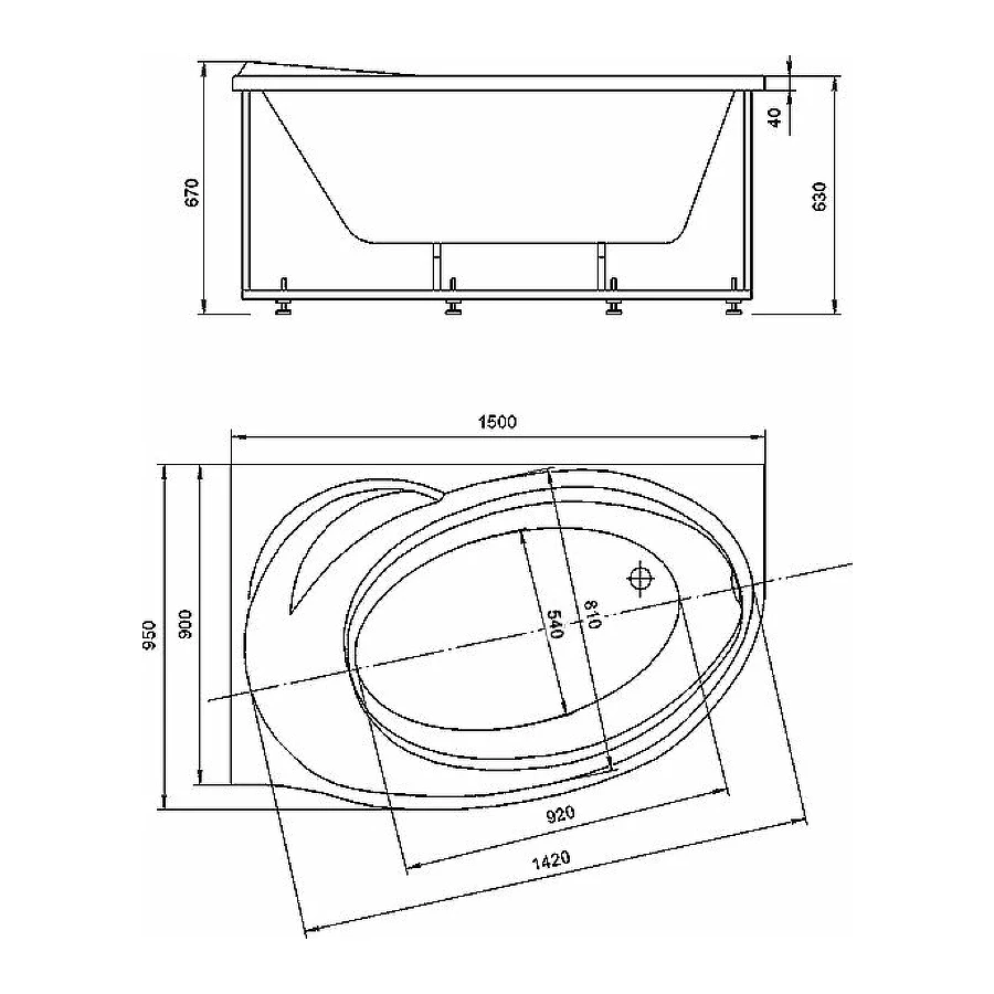 Акриловая ванна Aquatek Бетта левая без гидромассажа с фронтальным экраном BET150-0000067 150х95 см