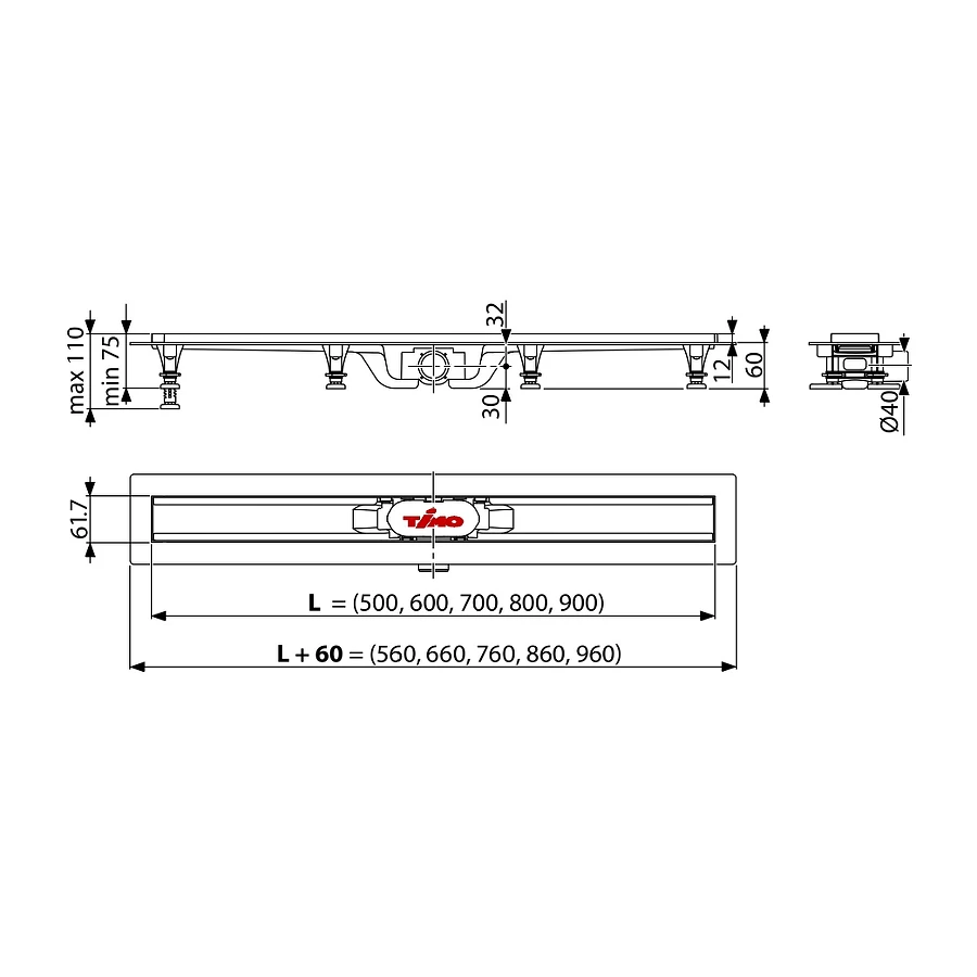 Водоотводящий желоб Timo из пластика с порогами из нержавеющей стали SP10-800