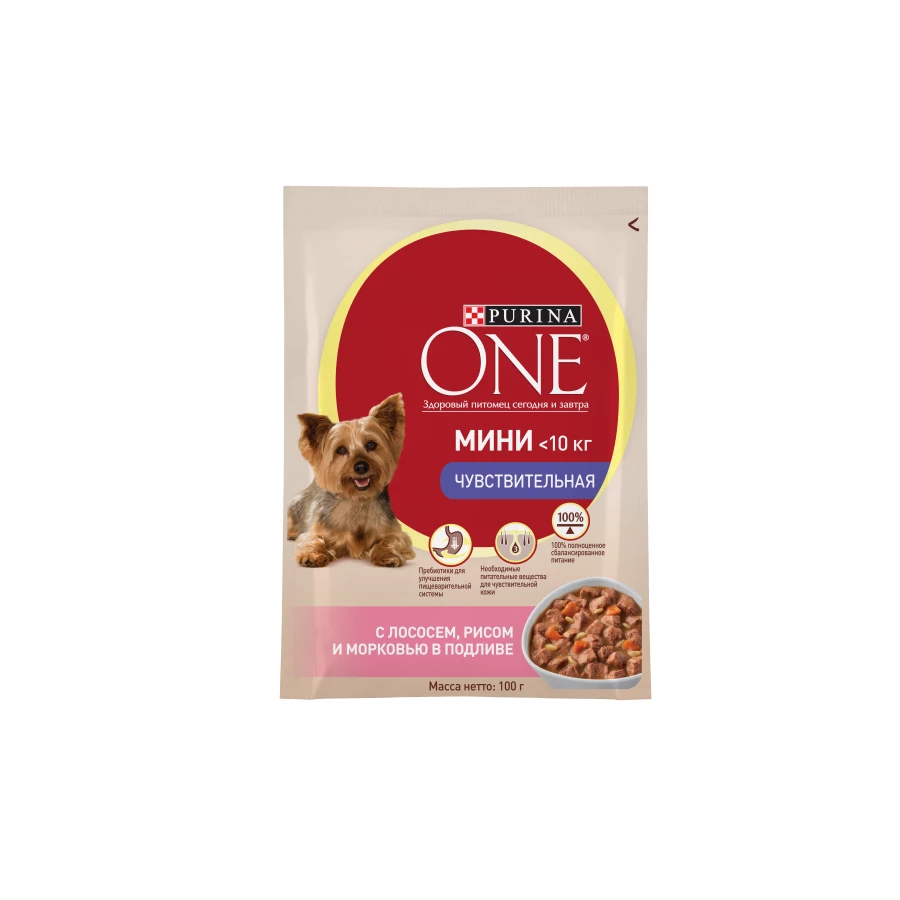 Влажный корм для собак мелких пород Purina One Мини Чувствительная с лососем рисом и морковью в подливе 100 г