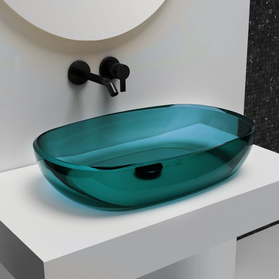 Раковина накладная прозрачная Abber Kristall бирюзовая AT2805Aquamarin 60х40 см