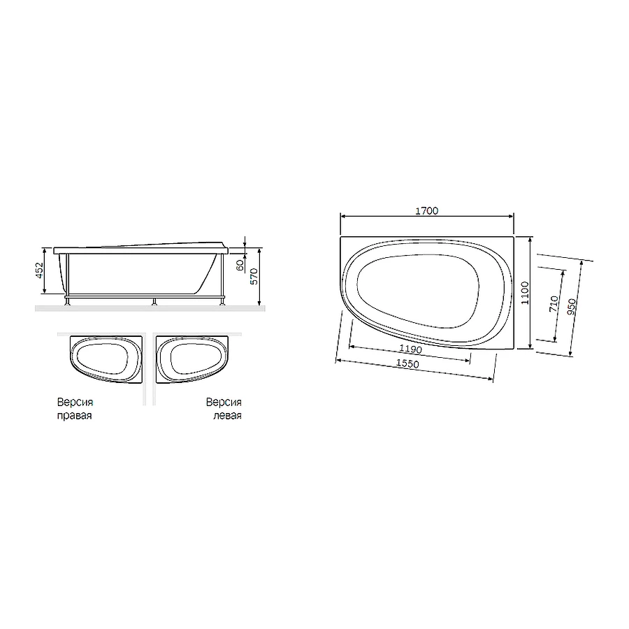 Ванна акриловая правосторонняя Am Pm Like W80A-170R110W-A 170х110 см